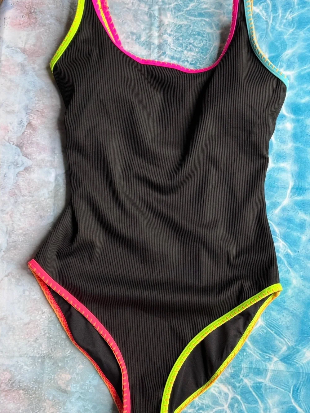 Popvil Black One-Piece Swimsuit with Neon Rainbow Trim Size Medium